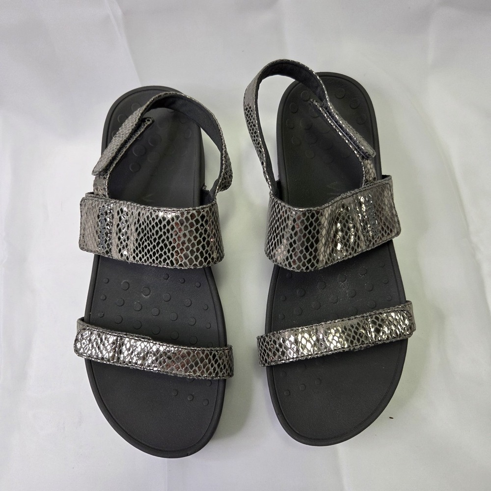 Vionic Bolinas Women's Size 9 Block Heel Strappy Sandal Silver Snake Print Comfy